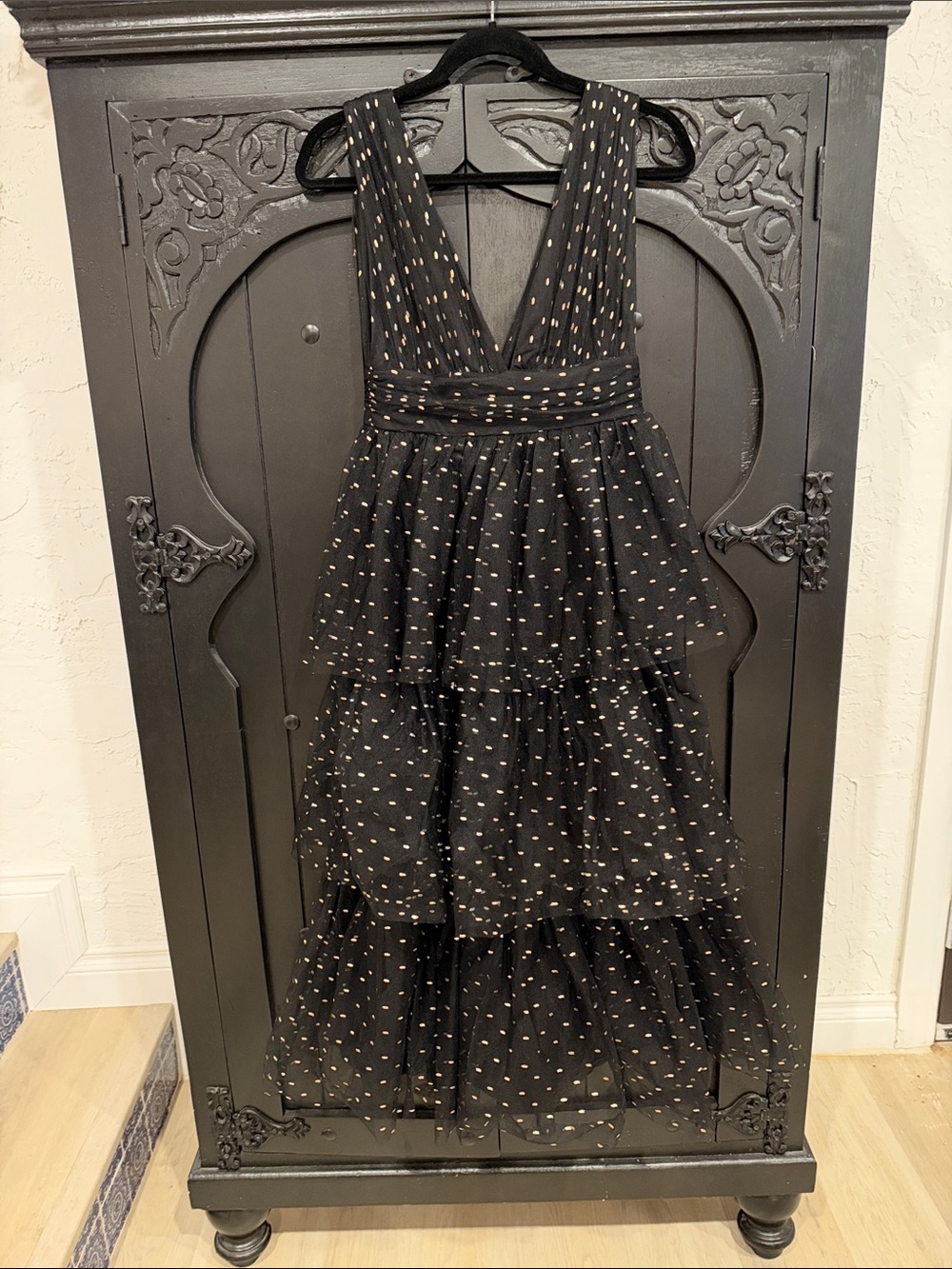 Lulu's Black Tiered Ruffle Dress with Gold Dot Detail